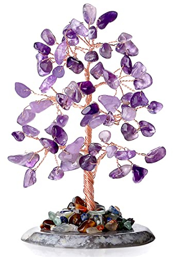 Amethyst Healing Crystal Tree of Life Natural Gemstone Agate Slice Base Copper Wire Wrapped Money Trees Feng Shui Reiki Spiritual Energy Decorations Home Office Room Desk Decor Gifts for Women Men