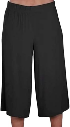 R&N FASHIONS Women's Plus Size 3/4 Cropped Culottes with Elastic Waist, Stretchy Viscose Palazzo Shorts, Mid Rise Lightweight Casual Summer Trousers for Ladies (20, Black)