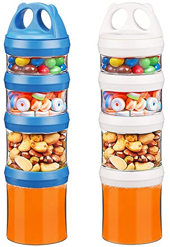 BeneLabel Snackdose Stapelbar, 2er Snackbox mit 4 Fächern Deckel Kinder Snackturm Behälter Aufbewahrungsbox 917ml Artikel Spender für Unterwegs Arbeit, Auslaufsicher & BPA Frei, Weiß/Blau