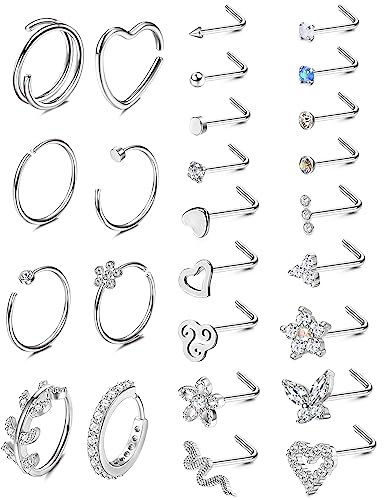 Adramata 26Pcs 20G Nasenpiercing Chirurgenstahl Nasenring Piercing Brillant Nasenstecker Schmetterling Schlangen Nostril Piercing Set Gold Silber Nasenstecker Nasenpiercing für Damen Herren