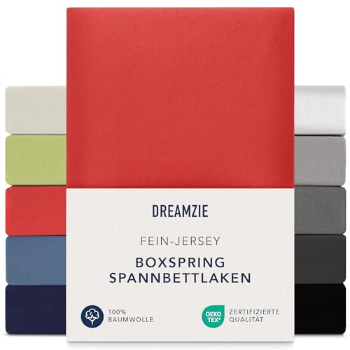 Dreamzie Premium Spannbettlaken 140x200 cm - 160x200 cm - 37cm Seitenhöhe - auch für Boxspringbett & Wasserbett - Bettlaken Boxspringbett 100% Jersey Baumwolle, 150 g/m² - Oeko-TEX - Rot