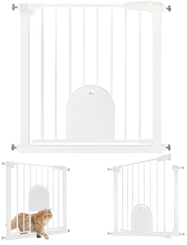 UISEBRT Griglia di protezione per scale, senza foratura, con porta per gatti, larghezza 75-85 cm, chiusura automatica, apertura con una sola mano, in metallo, colore: bianco