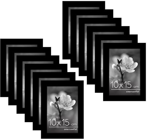 Americanflat Cornice Foto 10x15 cm Nere - Confezione da 12 Cornici 10x15 cm con Pannello Protettivo in Plastica e Cavalletto - Set Cornici Foto da Parete e da Tavolo