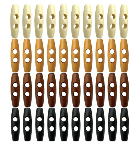 40 Pieces Horn and Wooden Buttons for Woolen Coats and Jackets - Double-Hole, Olive-Shaped Replacement Buttons for Sewing (4 Colors)