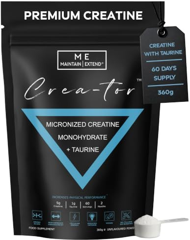 Creatine Monohydrate Powder with Taurine 360g, 5g Pure Creatine Powder + 1g Taurine per 6g, Unflavoured & Micronised, Easy Dissolve Vegan Creatine for Women and Men, Muscle Strength, 60 Servings