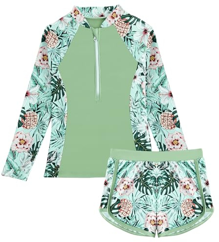 SEAUR Conjunto de Bañador de 2 Piezas para Niñas, Mangas Largas, Protección Solar, Rash Guard con Cremallera 1/2, Secado Rápido 130-160, 150 cm