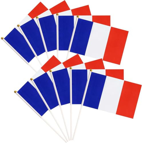 KUMSODE 20Pcs Petit Drapeau Francais, Mini Drapeaux France avec Poteau Solide Blanc de 30cm pour Décor Eurovision Jardin Bar Euro Football Match, Fête Nationale Française, 14 x 21cm
