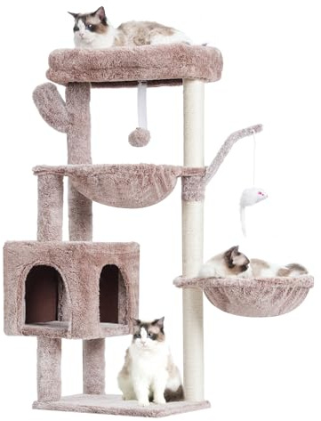 Heybly Kratzbaum, 100cm hoher Katzenbaum Kletterturm mit großer Plattform Oben, Höhle, 2 Hängematten, Katzenspielzeug, Katzenmöbel, Kletterbaum Aktivitätskratzbaum, Braun-beige HCT006SMU