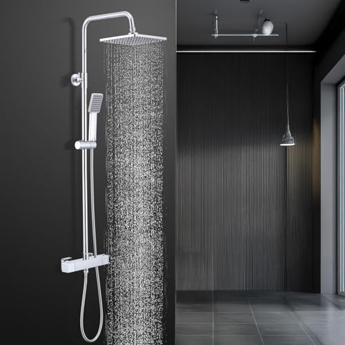 HOMELODY Sistema de ducha con termostato cromado – Grifo de ducha de acero inoxidable con grifería, incluye bloqueo de seguridad a 38 °C, ducha de mano ABS, barra de ducha ajustable, juego completo