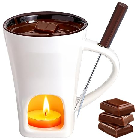 Weciau Chocolate Fondue Mug, 130ml Ceramic Chocolate Fondue Set with Fork and Candle, Butter Warmer Set, Melting Chocolate Pot for Cheese Butter Caramel (White)