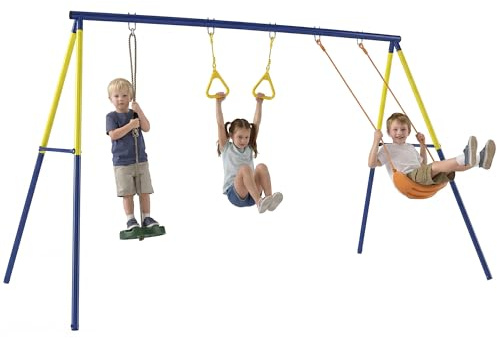 AIYAPLAY Set Altalena da Giardino 3 in 1 per Bambini con Altalena in Piedi, Anelli da Ginnastica, Telaio A in Acciaio, Altalene Doppie per Bambini, Capacità 150kg, Esterno, 3-8 Anni, 285x160x181 cm
