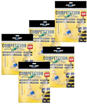 Power Cast Competition Single Hook Pulley Rig, 80LB Main Line, 50LB Snood, Size 2/0 & 3/0, with Weight Clip and Power Swivel, 5 Pack