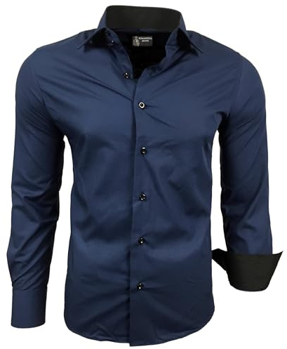 Subliminal Mode - Chemise Homme Bicolore uni Manches Longues Coupe Slim Business RN44,S,Bleu Marine