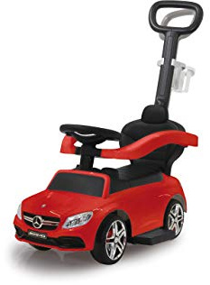 Jamara 460446 – Push-Car Mercedes-Amg C 63 Rouge 3en1 – Dispositif Anti-Bascule, Barre De poussée et de Maintien avec Fonction De Direction, Son, Klaxon, Dossier de Siege, Arceau de Sécurité Latéral