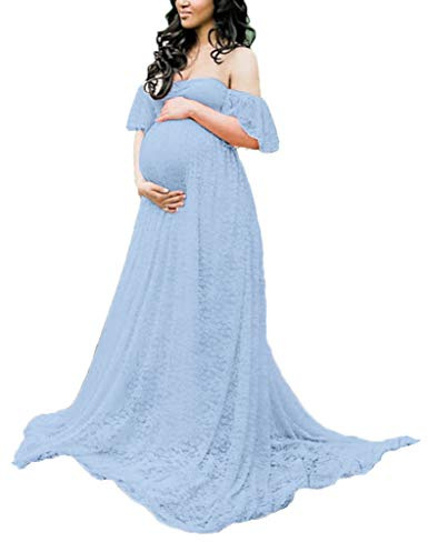 Maternity Photography Props Floral Lace Dress Fancy Pregnancy Gown for Baby Shower Photo Shoot (M, Light Blue)