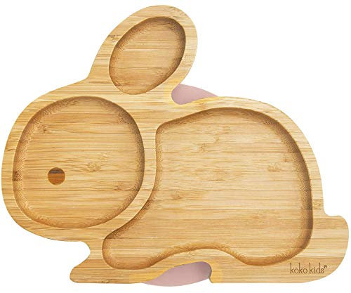 Koko Kids Plato Bambu de Conejo con Ventosa ~ Hecha de Bambú Natural ~ Plato de alimentación para bebés y niños pequeños con un aro de succión fuerte