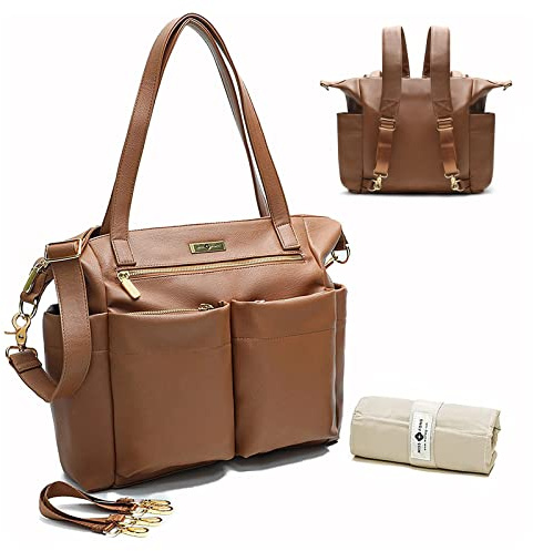 MISS FONG Baby Changing Bags Nappy Changing Backpack Leather Baby Bags Diaper Bag with Changing Mat & Stroller Straps for Maternity Pregnancy Mum and Dad, Brown