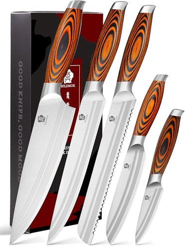 WILDMOK 5 pièces Ensemble de Couteaux de Cuisine Professionnel, Set Couteaux de Chef, Couteaux de Cuisine en Allemand à Haute Teneur en Carbone avec Manche Ergonomique en Bois Pakka