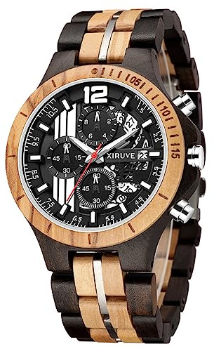 XIRUVE Montre en Bois pour Homme Quartz Imperméable Calendrier Chronographe