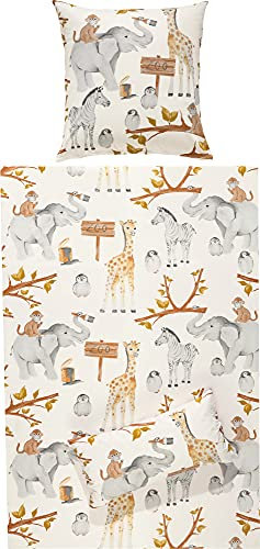 Erwin Müller Kinder-Bettwäsche, Bettgarnitur Zoo-Tiere Renforcé - temperaturausgleichend, strapazierfähig, mit praktischem Reißverschluss - Zoo-Tiere Größe 135x200 cm (80x80 cm)