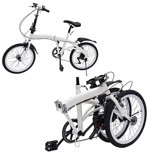 WSIKGHU Faltrad Erwachsene 20 Zoll 7 Gang Doppel V Bremse Kohlenstoffstahl Klapprad Höhenverstellbares Weißes Fahrrad Vorne und Hinten mit Kotflügeln