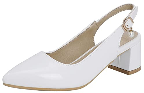 Donna Scarpe Slingback con Tacco Largo Appuntito Pompe Casuale Fibbia Scarpe da Festa con Tacco Medio Solid Scarpe, 1076Vve Bianco Numero 32 EU