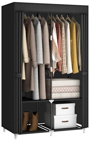 MOGELAFOO Portable Closet Wardrobe for Small Room, 35-Inch Clothing Organizer Storage Rack with 2 Clothes Hanging Rods and 4 Shelves, Non-Woven Fabric Cover, Black