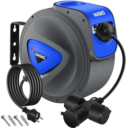 MASKO® Cable alargador automático de 15 m con conexión de 3 vías, giratorio 180°, cable de alimentación de 1,5 m, soporte de pared, enrollador de cables, enrollador de cables, incluye guantes