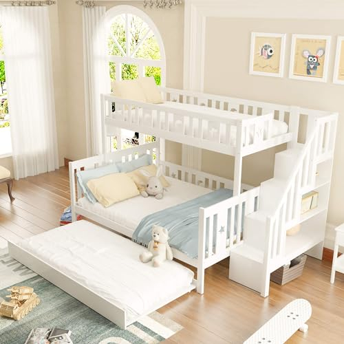 MQGPM Kinderbett Hochbett 90x200cm mit Rausfallschutz und Lagertreppe, Vielseitiges Etagenbett Rollbett mit Lattenrost für 2 Kinder, Massivholz Jugendbett, Doppelbett, Stockbett