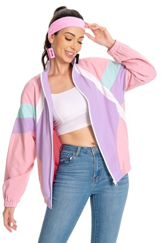 Seaehey Veste de survêtement des années 80 pour femme - Rétro - Survêtement de sport - Multicolore - Manteau hip-hop disco des années 80 - 90 - Tenue de carnaval - Fête à thème