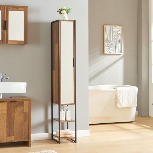 [en.casa] Mobile a Colonna per Bagno Armadio Alto Stretto con Anta Specchiata e Ripiani Arredo Bagno 160 x 24 x 30 cm Nero/effetto Legno Intarsiato color Noce