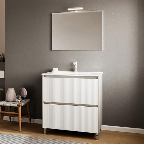 Inbagno Mobile bagno a terra 80 cm bianco cannettato e grigio con 2 cassetti soft-close, lavabo in ceramica e specchio LED 80x60 cm, PORTO