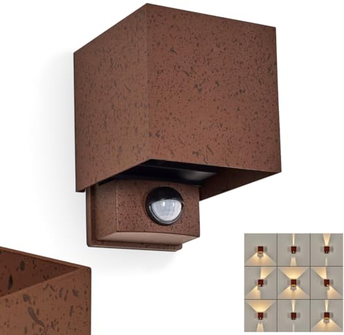 Außenwandleuchte Almodofa, Außenwandlampe mit Bewegungsmelder aus Metall/Kunststoff in Rost/Schwarz/Klar, Leuchte mit Up&Down-Lichteffekt im modernen Design für Garten/Außenfassade/Terrasse/Hof, IP54