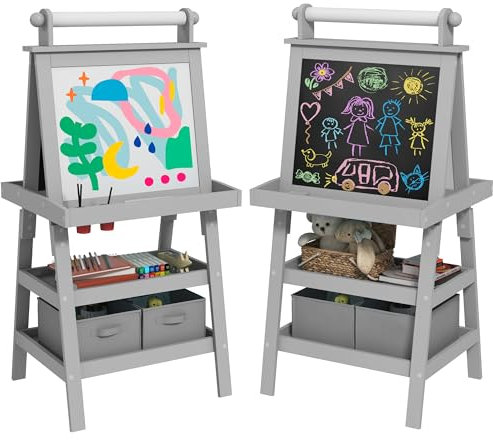 AIYAPLAY Pizarra Infantil Caballete 3 en 1 Pizarra Infantil de Doble Cara Magnética Caballete de Pintura para Niños con Rollo de Papel y Cestas de Almacenamiento 59x48x118 cm Gris