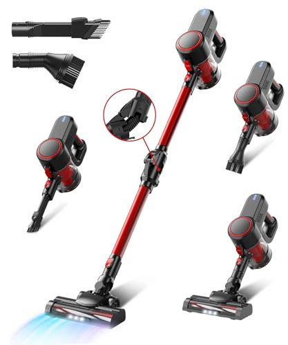 Cyansharp Akku Staubsauger, 6-in-1 Staubsauger Kabellos bis zu 35Min Laufzeit, Leicht Staubsauger mit Bürstenloser Motor/Anti-Tangle-Bürste, für Teppich, Hartboden und Tierhaare (Rot)