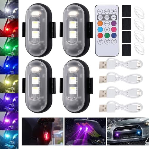 4PCS LED Strobe Lights with Remote Control - 8 Colors, 10 Modes Rechargeable Ambient Car Lighting System, Waterproof Wireless Anti-Collision for Motorcycle