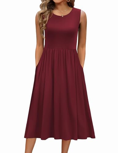 Zeagoo Sommerkleider Damen Ärmelloses Rundhals Freizeitkleider Lässige Trägerkleid Elegant A Linie Midikleider T-Shirt Kleider Schöne Damenkleidung mit Taschen Weinrot XXL