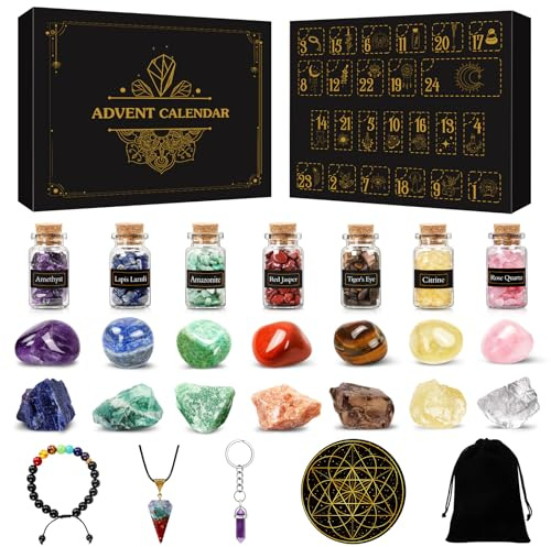 Calendrier de l'avent 2025 Pierre Precieuse, 24 Pièces Ensemble de Cristaux de Guérison Naturels, Lithothérapie Calendrier Noël pour Femme Adulte