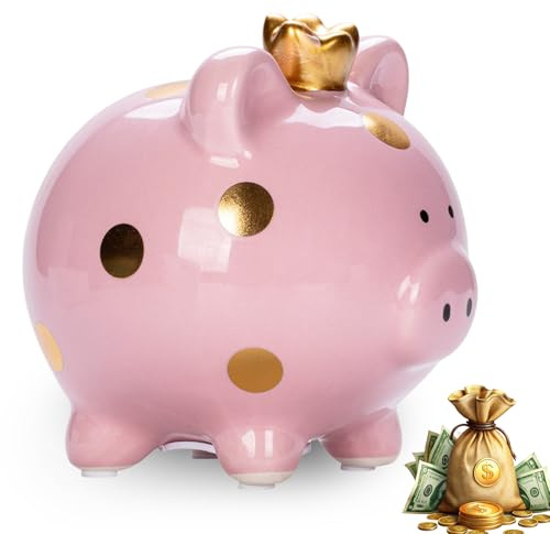Sparschwein Glücksschwein Spardose für Mädchen, Keramik Sparschwein Kleine 11.8x14x13.2cm, Prinzessin Kronen-Sparbüchse für Jungen Mädchen Erwachsene Geschenkidee Dekoration (Rosa)