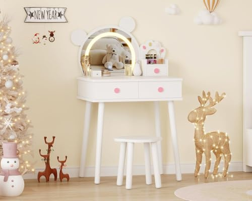 Aptliton Kids Vanity Table Set with LED Lights,Bear-Shaped Dressing Table & Storage Drawers,Wooden Princess Toddler Makeup Table Set with Chair,Children’s Dressing Table for Girls Bedroom,White