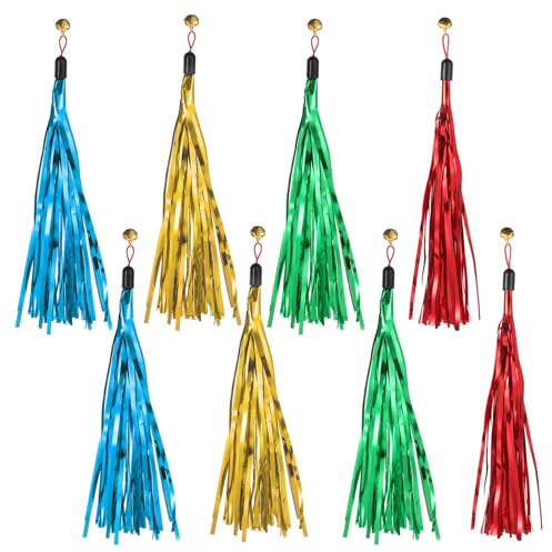 Xyembu 8 PCS Interactive Cat Teaser Wands, Cat Wand Toy Replacement with Bell Metallic Foil Tassel, Cats Wand Attachments, Cats Ribbon Toys, Interactive Toys for Pet (4 Colors)