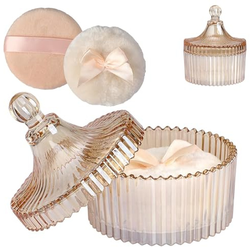 Juego de 3 Botes de Polvo de Cristal, Recipiente para Polvos Corporales,Lata para Polvos de bebé, Estuche para Polvos Corporales, Polvo Cosmético para Viajes, con dos Borlas de Polvos, Regalo Ideal