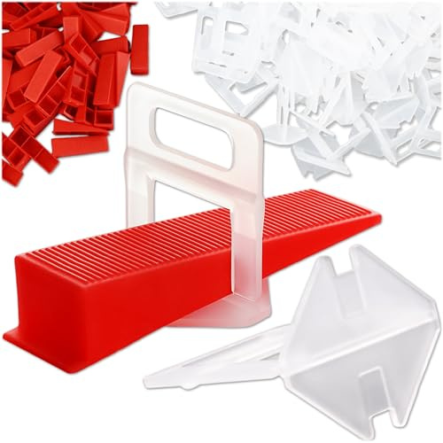 KRUMAD Sistema di livellamento per piastrelle da 1,5 mm, set con 500 linguette e 100 cunei, per una posa precisa delle piastrelle con una larghezza di fughe, strumento per fughe uniformi di piastrelle