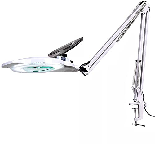 KIRKAS 10X LED Magnifying Lamp with Clamp, 2,200 Lumens Dimmable Super Bright Daylight Magnifying Glass with Light and Stand, Adjustable Swivel Arm Magnifier lamp for Reading Repair Crafts-White