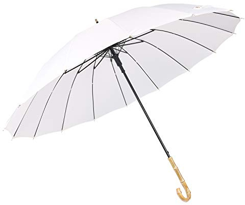 ThreeH Bamboo Stick Umbrella Auto Open Solid Color Fashionable and Simple 190T 16 Ribs,KS08 White