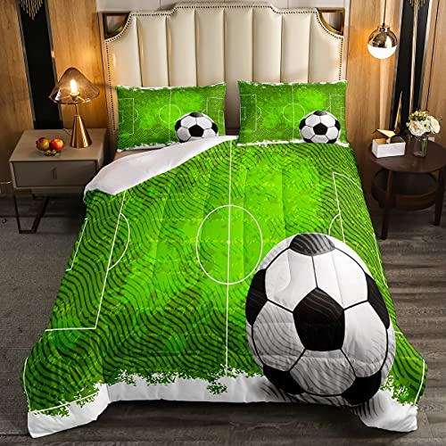 Loussiesd Trapunta per ragazzi a tema sportivo palla da calcio campo da calcio decorazione per la casa per tutte le stagioni Trapunta con 1 federa (verde) per letto 135x200cm