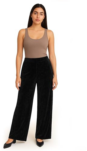 Ladies Plus Size Velour Velvet Wide Flared Leg Pocket Elasticated Waist Pants Palazzo Trousers (16-18, Black)