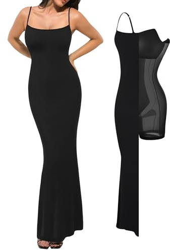 Popilush Bodycon Dresses for Women Summer Black Long Dress Built in Bra Shapewear Tummy Control Spaghetti Strap Ribbed Formal Party