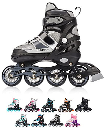 meteor Rox sichere verstellbare Kinder Inline‑Skates – Inliner für Mädchen Jungen – ABEC‑7 Carbonlager PU‑Räder 72 mm 80 A Aluminiumrahmen – Größen S 30‑33 M 34‑37 L 38‑41