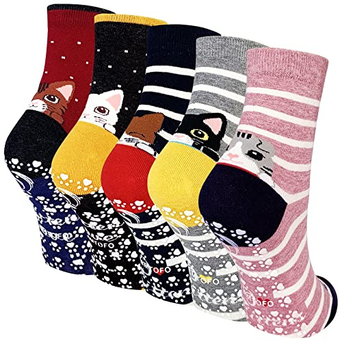 PUTUO Calcetines Antideslizantes Divertidos para Mujer: Calcetine Gatos Animales Mujer Calcetines Algodon Termicos Invierno Originales para Deporte - Modelo gato 5 Pares 37-43